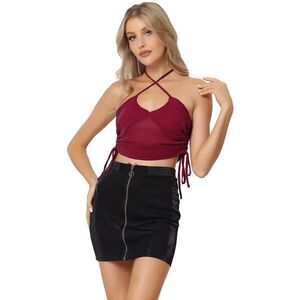 Glitter Crop Top Tie Neck Sleeveless Sheer Club Party Tops Red